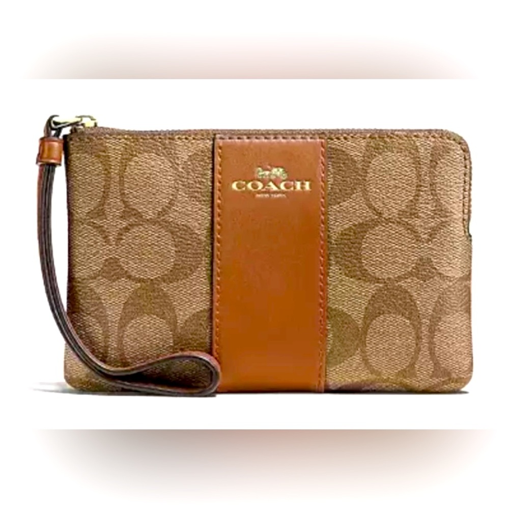 COACH Corner Zip Wristlet Signature Canvas W/ Brown Stripe - NEW W TAGS MSRP $88